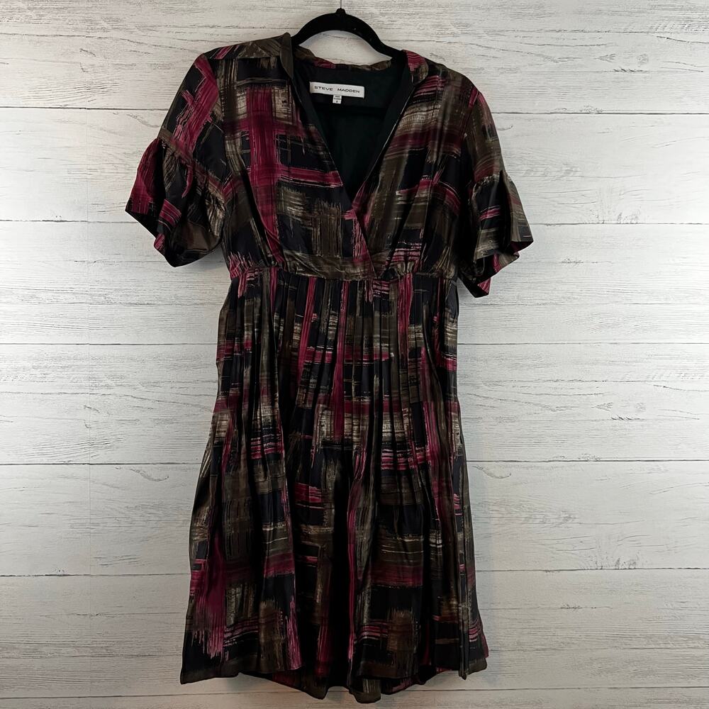 Steve Madden Silk Gray Patterned V Neck Dress Size 4